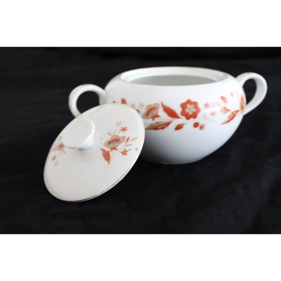 Vintage China Sugar Bowl & Lid Ming Ti By Dolphin Orange Flowers On Edge - Picture 2 of 8
